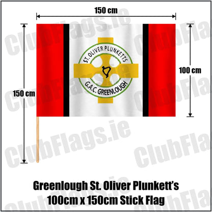 Greenlough St. Oliver Plunkett’s 100cm x 150cm Stick Flag in red and white and black, featuring the club crest on realistic fabric with gentle vertical folds; County Derry GAA. ClubFlags.ie.