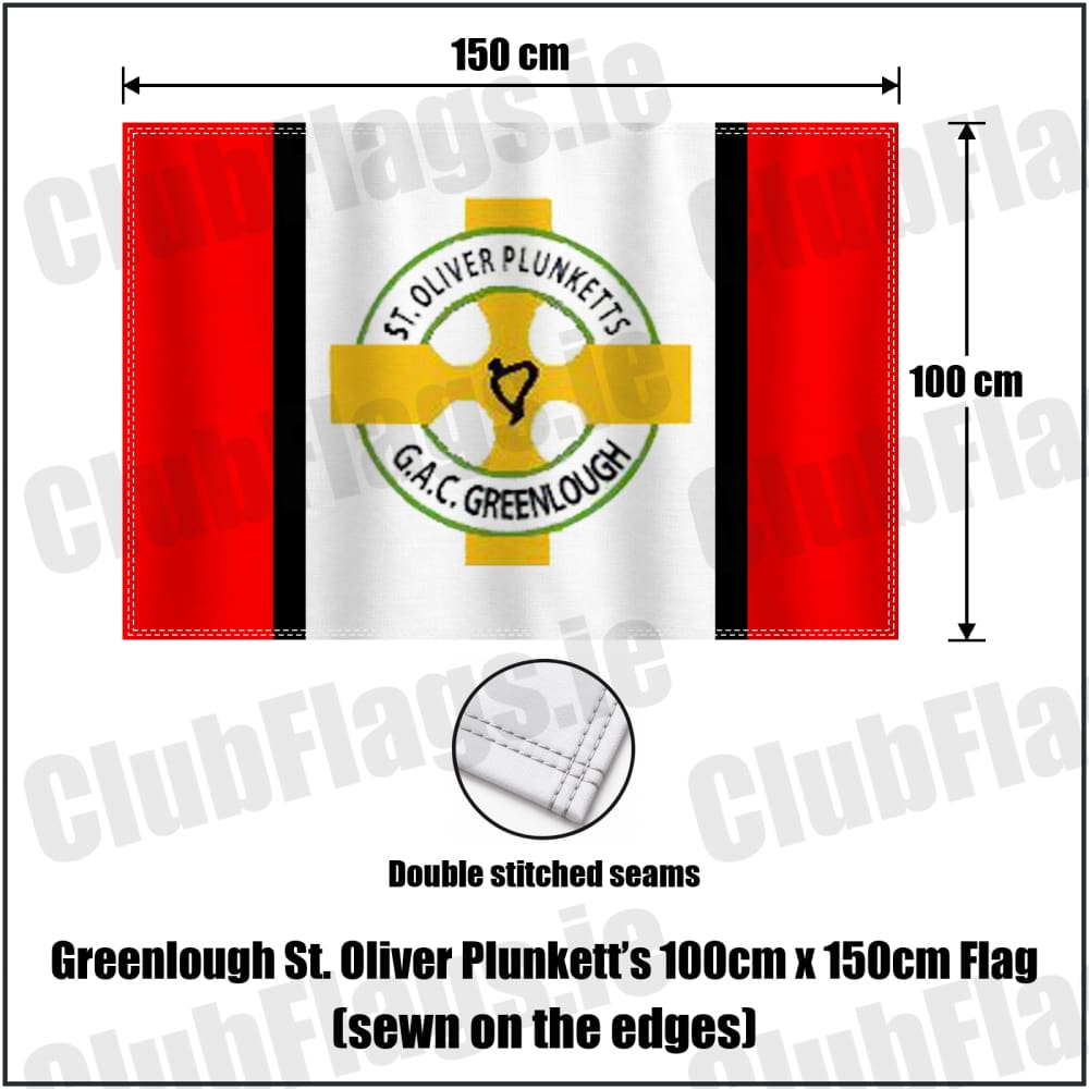 Greenlough St. Oliver Plunkett’s 100cm x 150cm Flag (sewn on the edges) in red and white and black, featuring the club crest on realistic fabric with gentle vertical folds; County Derry GAA. ClubFlags.ie.