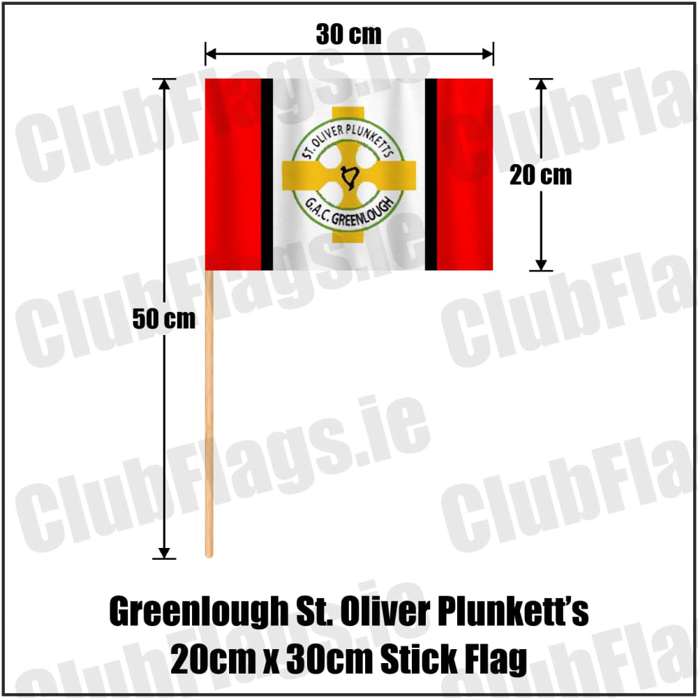 Greenlough St. Oliver Plunkett’s 20cm x 30cm Stick Flag in red and white and black, featuring the club crest on realistic fabric with gentle vertical folds; County Derry GAA. ClubFlags.ie.