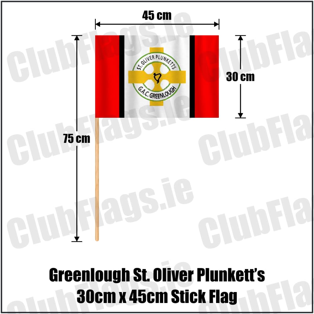 Greenlough St. Oliver Plunkett’s 30cm x 45cm Stick Flag in red and white and black, featuring the club crest on realistic fabric with gentle vertical folds; County Derry GAA. ClubFlags.ie.