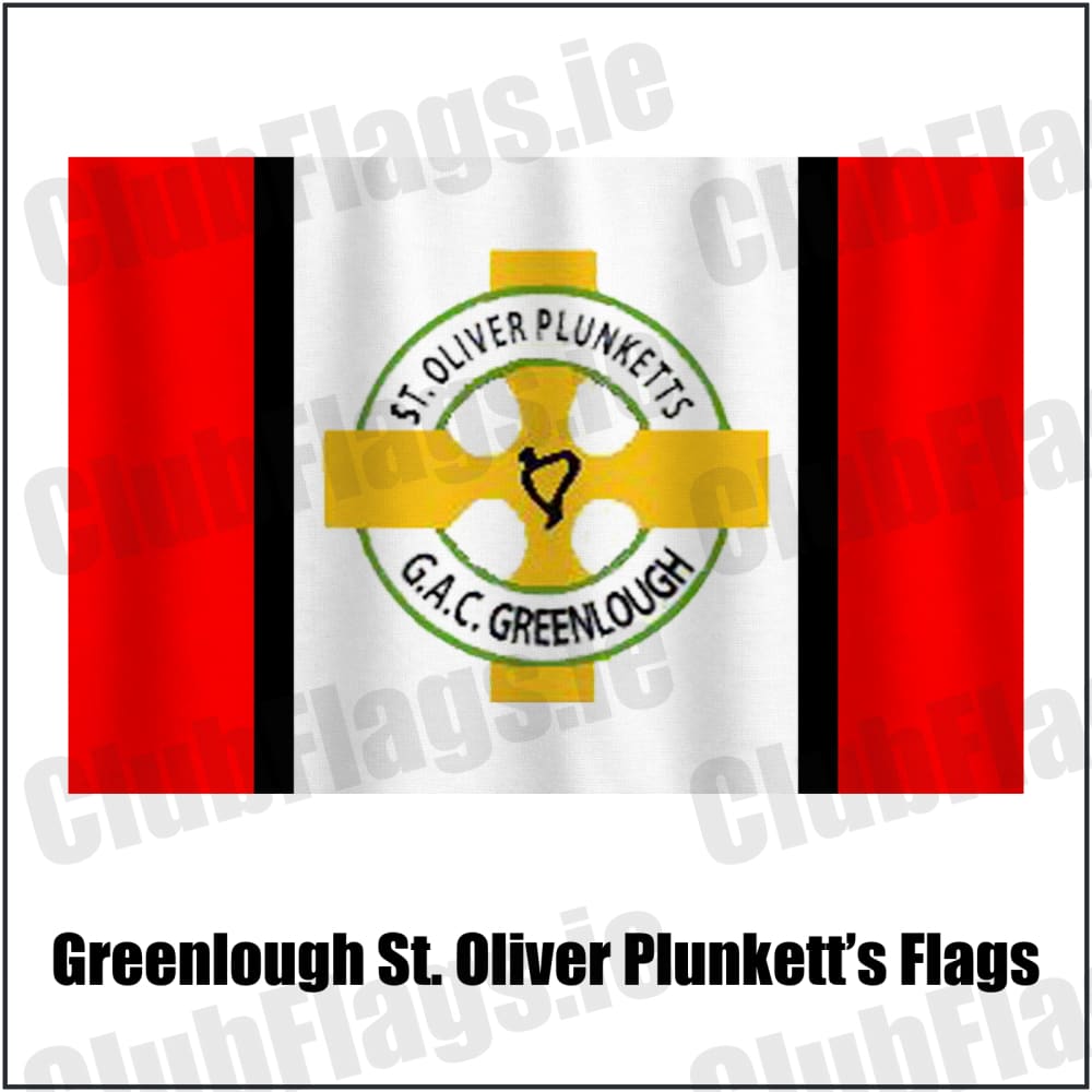 Greenlough St. Oliver Plunkett’s Flags in red and white and black, featuring the club crest on realistic fabric with gentle vertical folds; County Derry GAA. ClubFlags.ie.