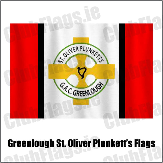 Greenlough St. Oliver Plunkett’s Flags in red and white and black, featuring the club crest on realistic fabric with gentle vertical folds; County Derry GAA. ClubFlags.ie.