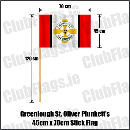 Greenlough St. Oliver Plunkett’s 45cm x 70cm Stick Flag in red and white and black, featuring the club crest on realistic fabric with gentle vertical folds; County Derry GAA. ClubFlags.ie.