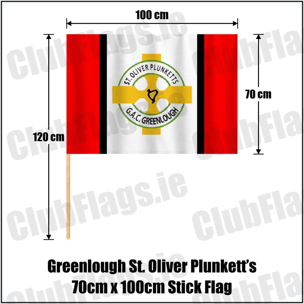 Greenlough St. Oliver Plunkett’s 70cm x 100cm Stick Flag in red and white and black, featuring the club crest on realistic fabric with gentle vertical folds; County Derry GAA. ClubFlags.ie.
