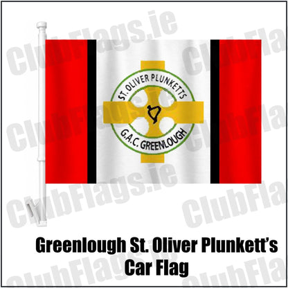 Greenlough St. Oliver Plunkett’s Car Flag in red and white and black, featuring the club crest on realistic fabric with gentle vertical folds; County Derry GAA. ClubFlags.ie.