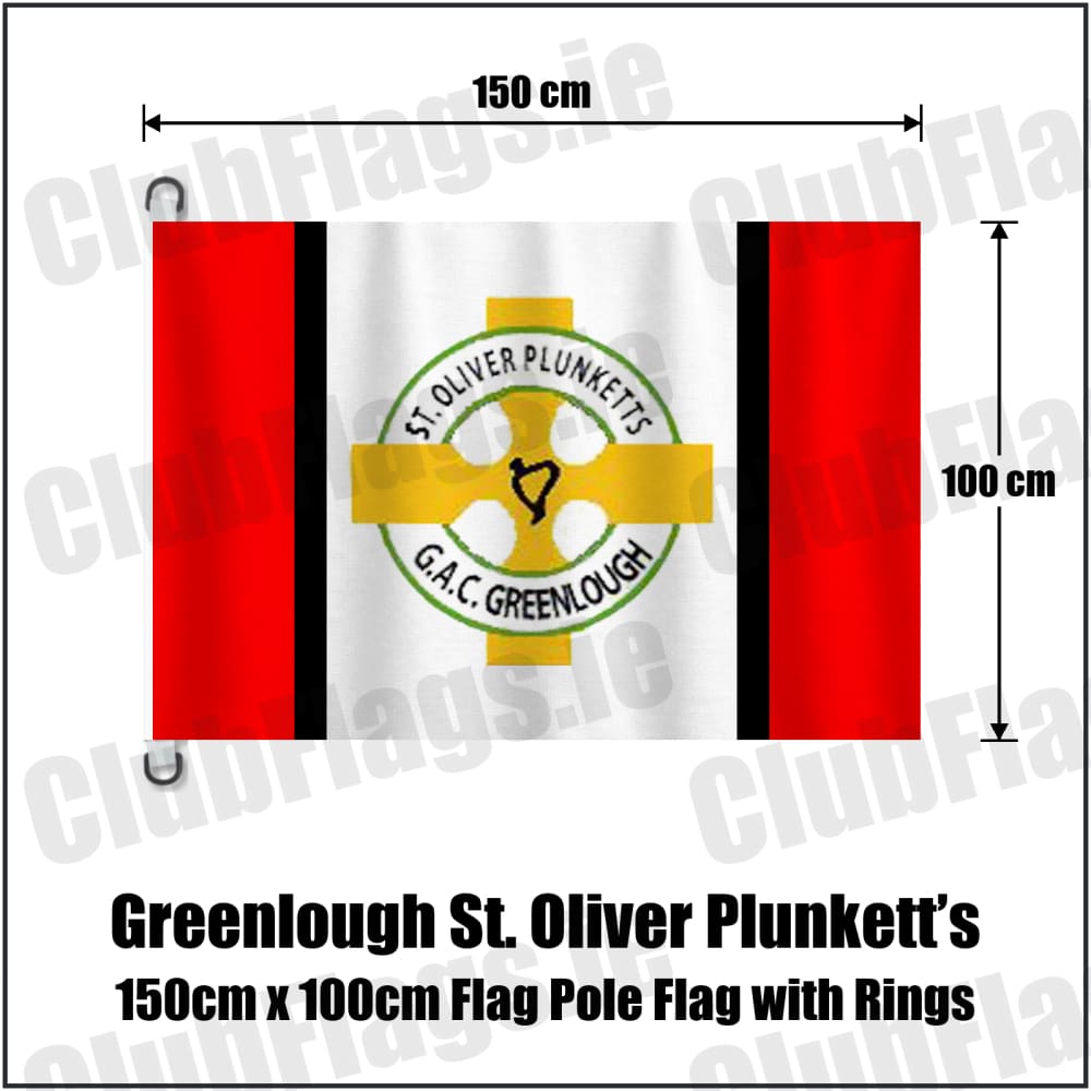 Greenlough St. Oliver Plunkett’s 150cm x 100cm Flag Pole Flag with Rings in red and white and black, featuring the club crest on realistic fabric with gentle vertical folds; County Derry GAA. ClubFlags.ie.
