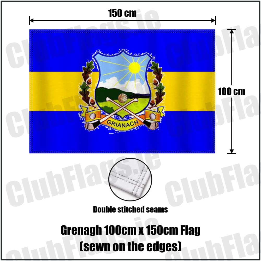Grenagh 100cm x 150cm Flag (sewn on the edges) in blue and gold, featuring the club crest on realistic fabric with gentle vertical folds; County Cork GAA. ClubFlags.ie.