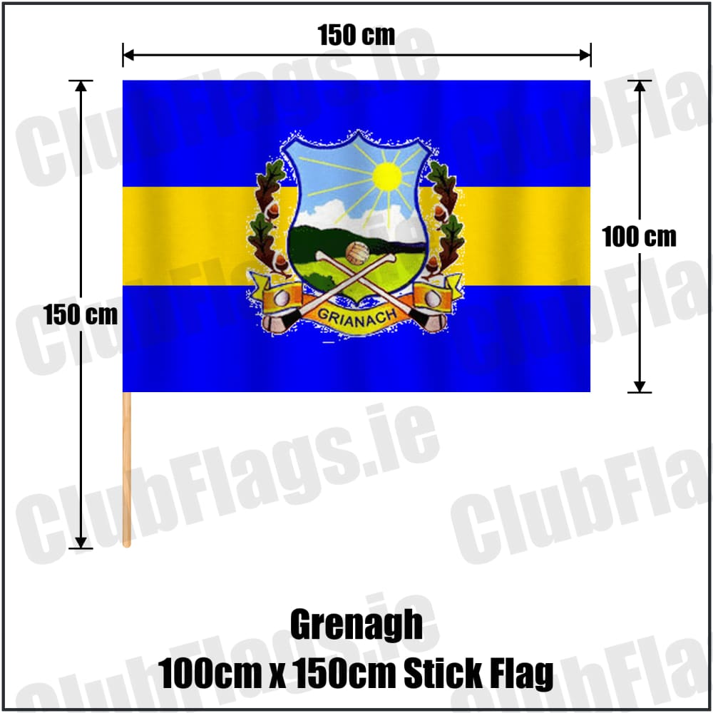Grenagh 100cm x 150cm Stick Flag in blue and gold, featuring the club crest on realistic fabric with gentle vertical folds; County Cork GAA. ClubFlags.ie.
