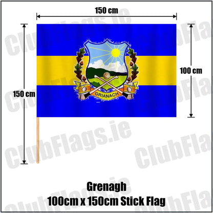 Grenagh 100cm x 150cm Stick Flag in blue and gold, featuring the club crest on realistic fabric with gentle vertical folds; County Cork GAA. ClubFlags.ie.