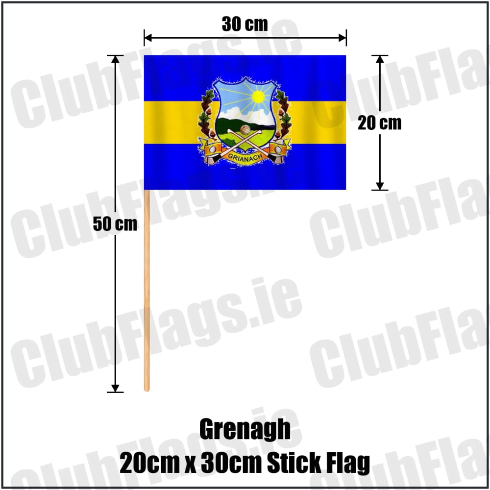 Grenagh 20cm x 30cm Stick Flag in blue and gold, featuring the club crest on realistic fabric with gentle vertical folds; County Cork GAA. ClubFlags.ie.