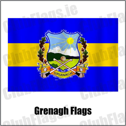 Grenagh Flags in blue and gold, featuring the club crest on realistic fabric with gentle vertical folds; County Cork GAA. ClubFlags.ie.
