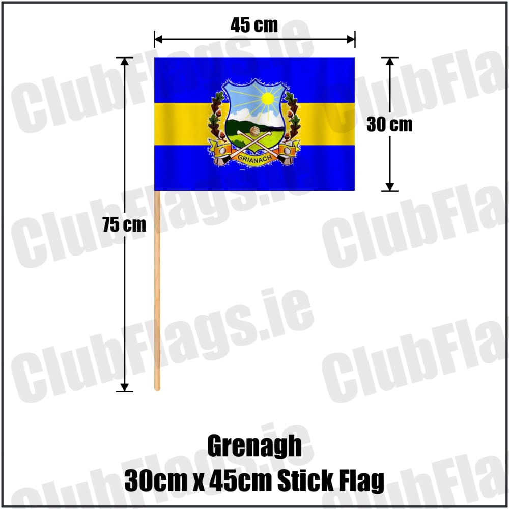 Grenagh 30cm x 45cm Stick Flag in blue and gold, featuring the club crest on realistic fabric with gentle vertical folds; County Cork GAA. ClubFlags.ie.