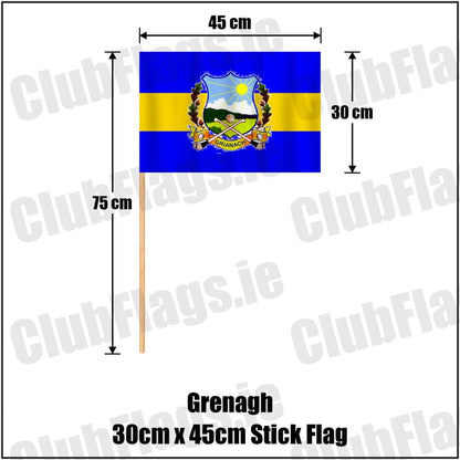 Grenagh 30cm x 45cm Stick Flag in blue and gold, featuring the club crest on realistic fabric with gentle vertical folds; County Cork GAA. ClubFlags.ie.