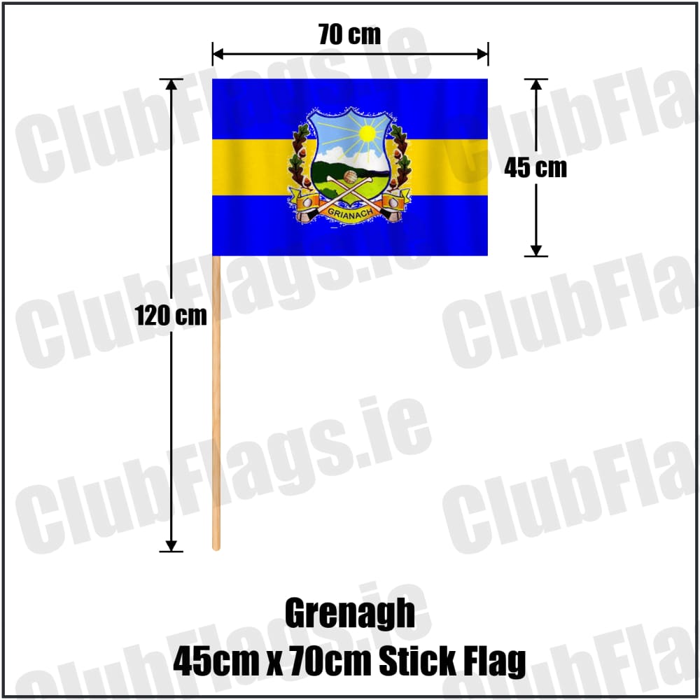 Grenagh 45cm x 70cm Stick Flag in blue and gold, featuring the club crest on realistic fabric with gentle vertical folds; County Cork GAA. ClubFlags.ie.
