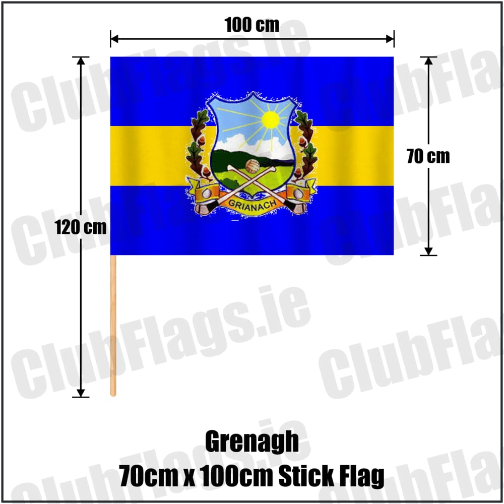 Grenagh 70cm x 100cm Stick Flag in blue and gold, featuring the club crest on realistic fabric with gentle vertical folds; County Cork GAA. ClubFlags.ie.