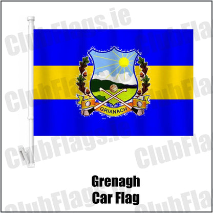 Grenagh Car Flag in blue and gold, featuring the club crest on realistic fabric with gentle vertical folds; County Cork GAA. ClubFlags.ie.