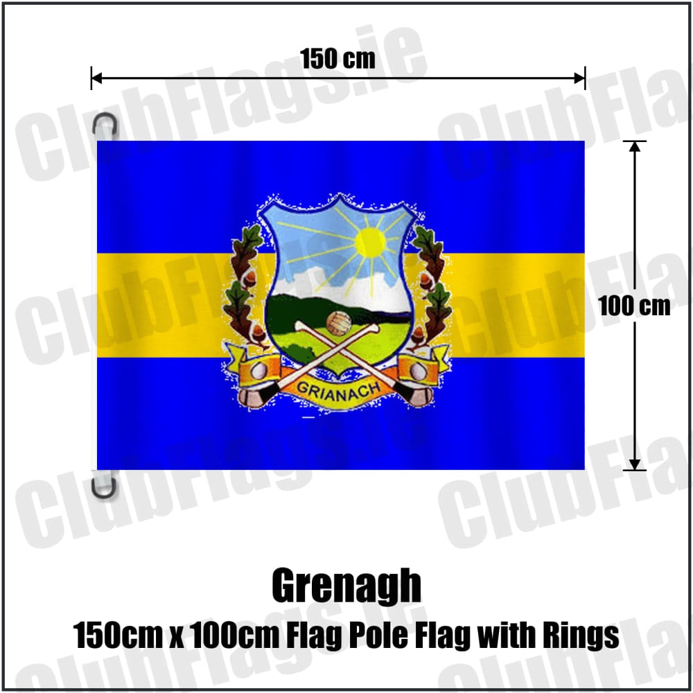 Grenagh 150cm x 100cm Flag Pole Flag with Rings in blue and gold, featuring the club crest on realistic fabric with gentle vertical folds; County Cork GAA. ClubFlags.ie.