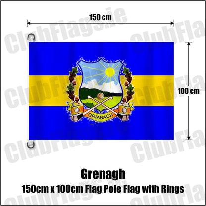 Grenagh 150cm x 100cm Flag Pole Flag with Rings in blue and gold, featuring the club crest on realistic fabric with gentle vertical folds; County Cork GAA. ClubFlags.ie.