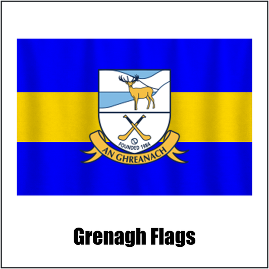 Grenagh Flags, featuring the club crest and blue and gold colours; County Cork GAA. ClubFlags.ie.