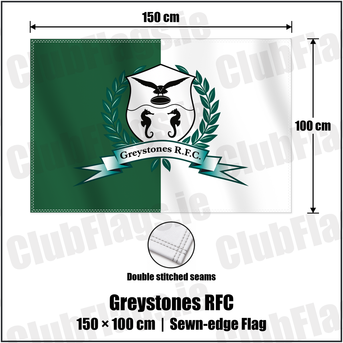 Greystones RFC 100cm x 150cm Flag (sewn on the edges) with the verified club crest and colours, Wicklow Rugby - ClubFlags.ie