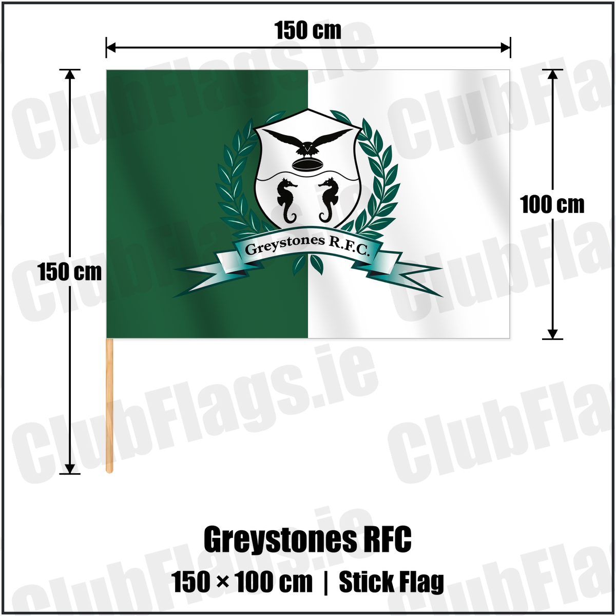 Greystones RFC 100cm x 150cm Stick Flag with the verified club crest and colours, Wicklow Rugby - ClubFlags.ie