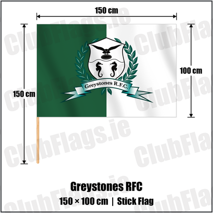 Greystones RFC 100cm x 150cm Stick Flag with the verified club crest and colours, Wicklow Rugby - ClubFlags.ie