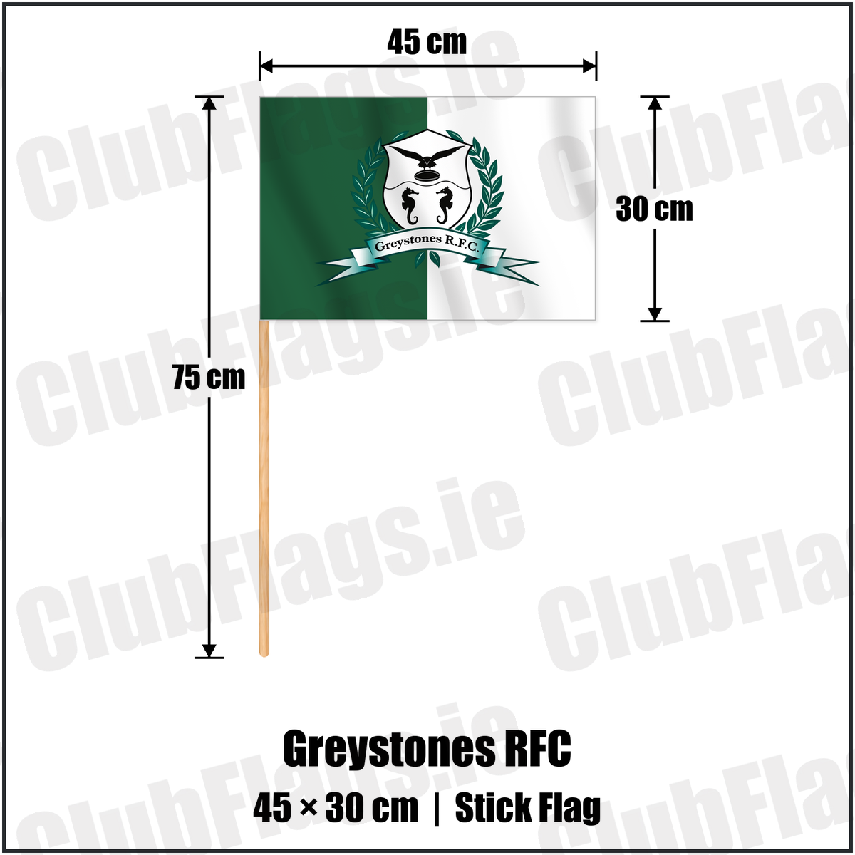 Greystones RFC 30cm x 45cm Stick Flag with the verified club crest and colours, Wicklow Rugby - ClubFlags.ie