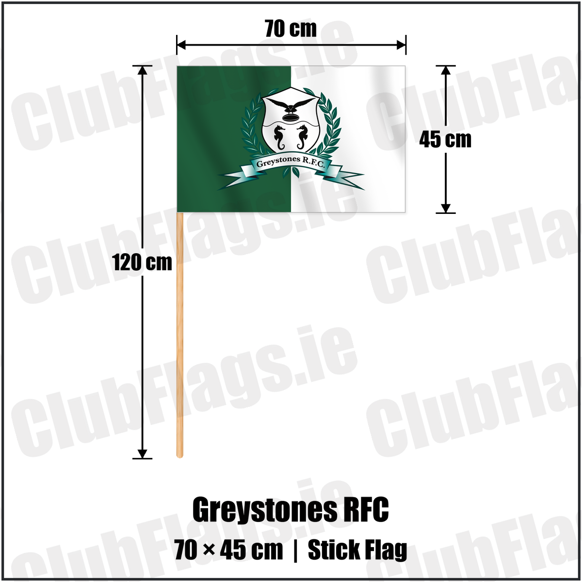 Greystones RFC 45cm x 70cm Stick Flag with the verified club crest and colours, Wicklow Rugby - ClubFlags.ie