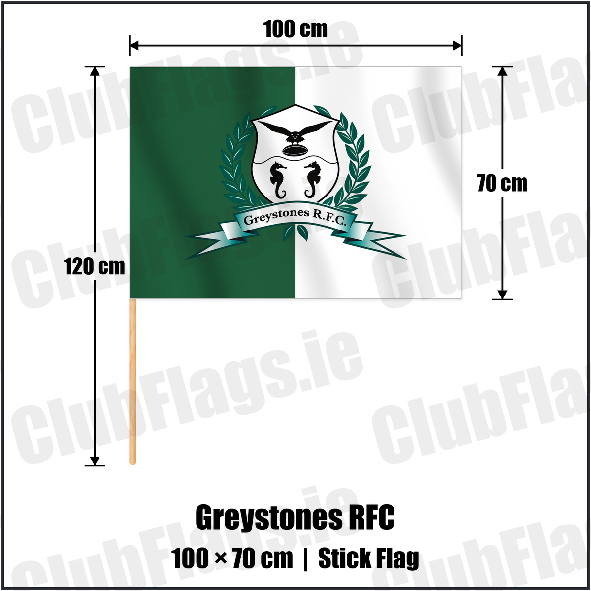 Greystones RFC 70cm x 100cm Stick Flag with the verified club crest and colours, Wicklow Rugby - ClubFlags.ie