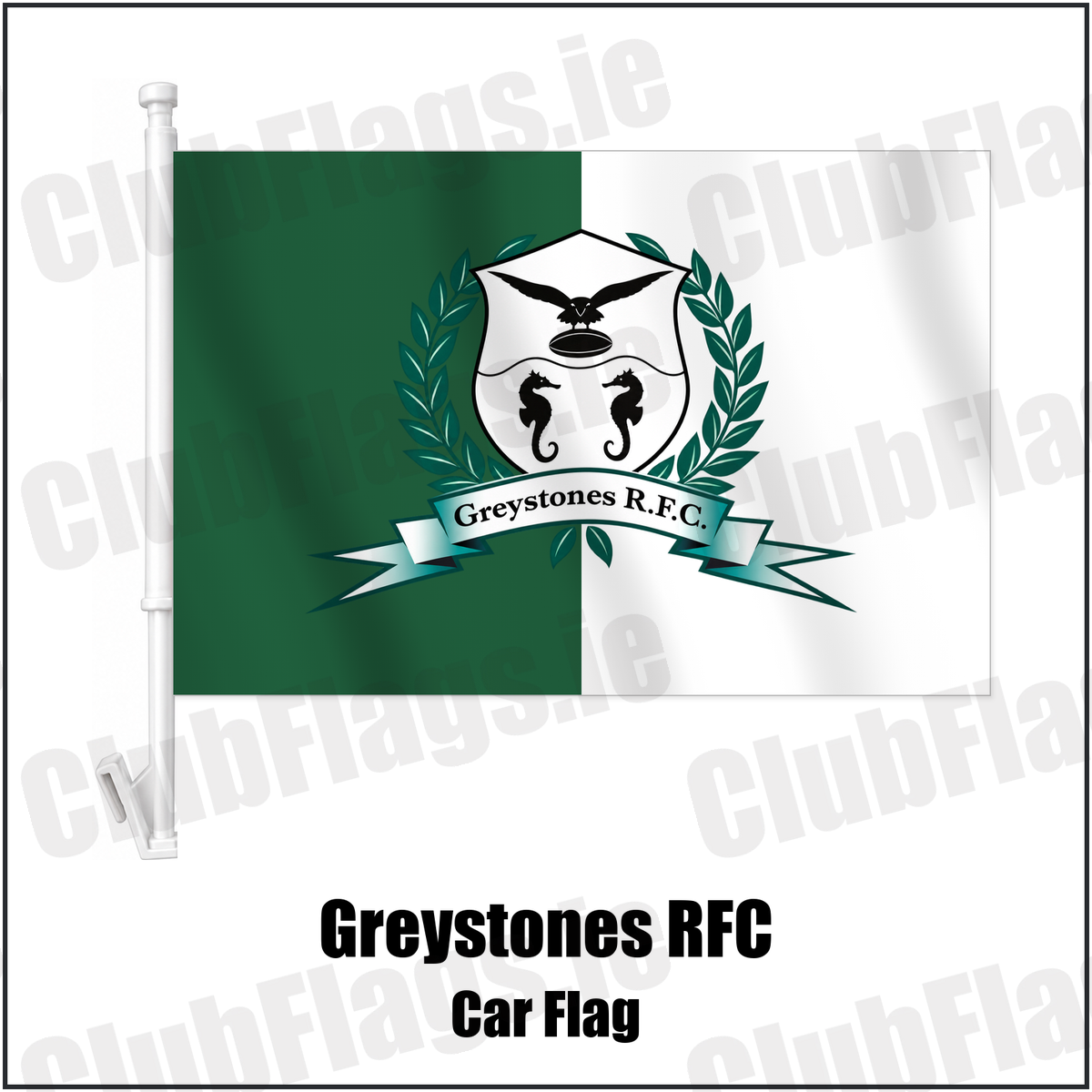 Greystones RFC Car Flag with the verified club crest and colours, Wicklow Rugby - ClubFlags.ie