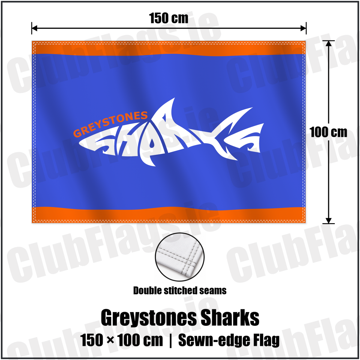 Greystones Sharks 100cm x 150cm Flag (sewn on the edges) with the club crest and colours, Wicklow Basketball - ClubFlags.ie
