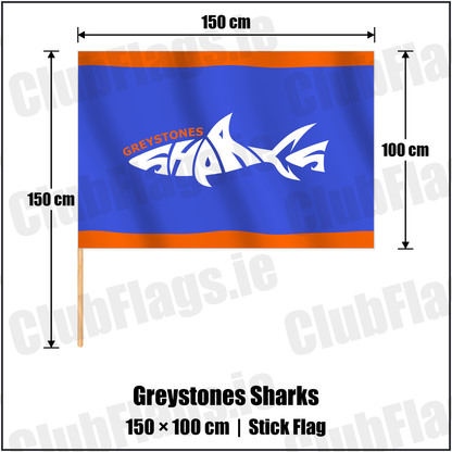 Greystones Sharks 100cm x 150cm Stick Flag with the club crest and colours, Wicklow Basketball - ClubFlags.ie