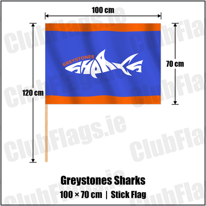 Greystones Sharks 70cm x 100cm Stick Flag with the club crest and colours, Wicklow Basketball - ClubFlags.ie