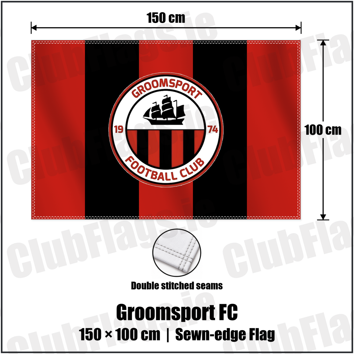 Groomsport FC 100cm x 150cm Flag (sewn on the edges) with the club crest and colours, Down Football - ClubFlags.ie