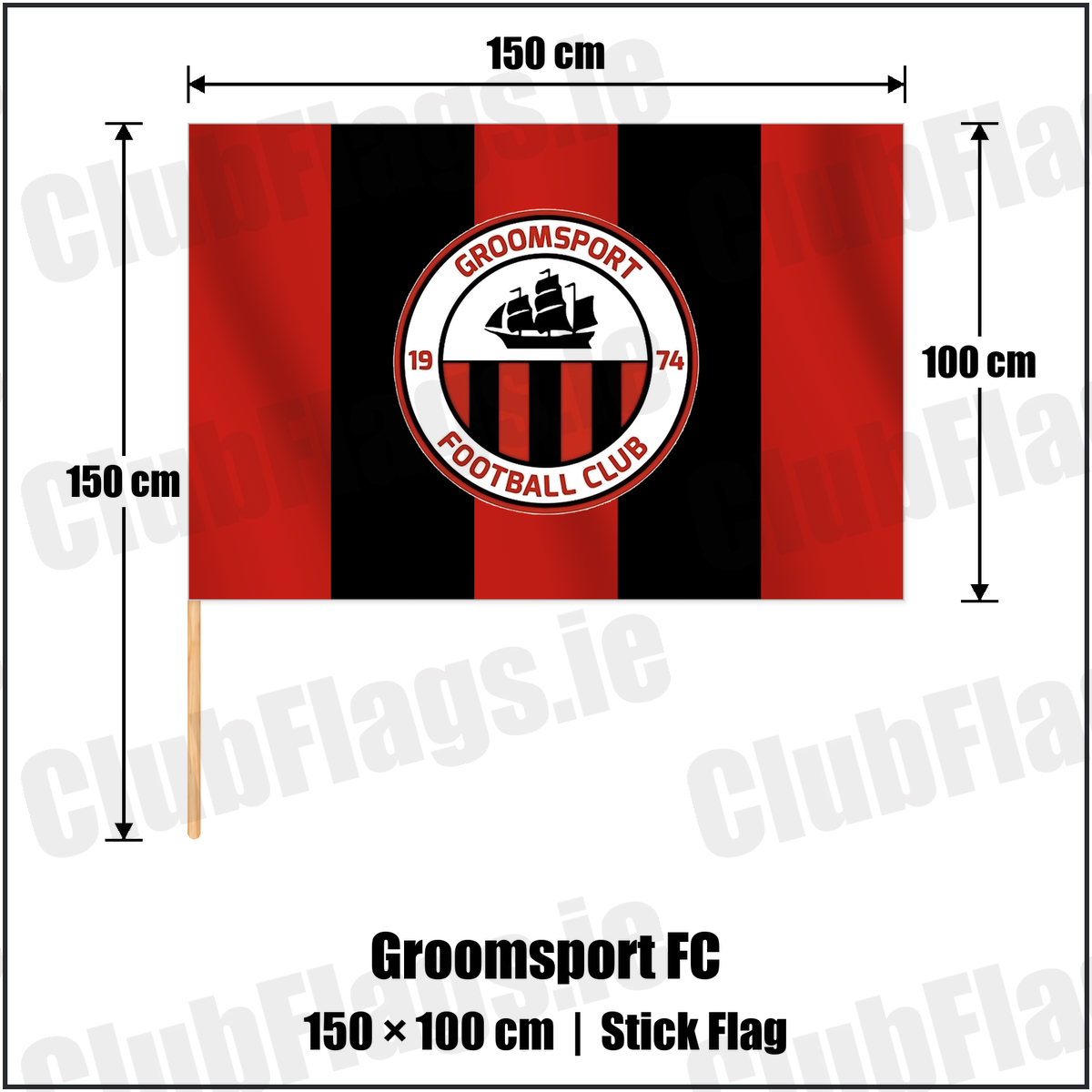Groomsport FC 100cm x 150cm Stick Flag with the club crest and colours, Down Football - ClubFlags.ie