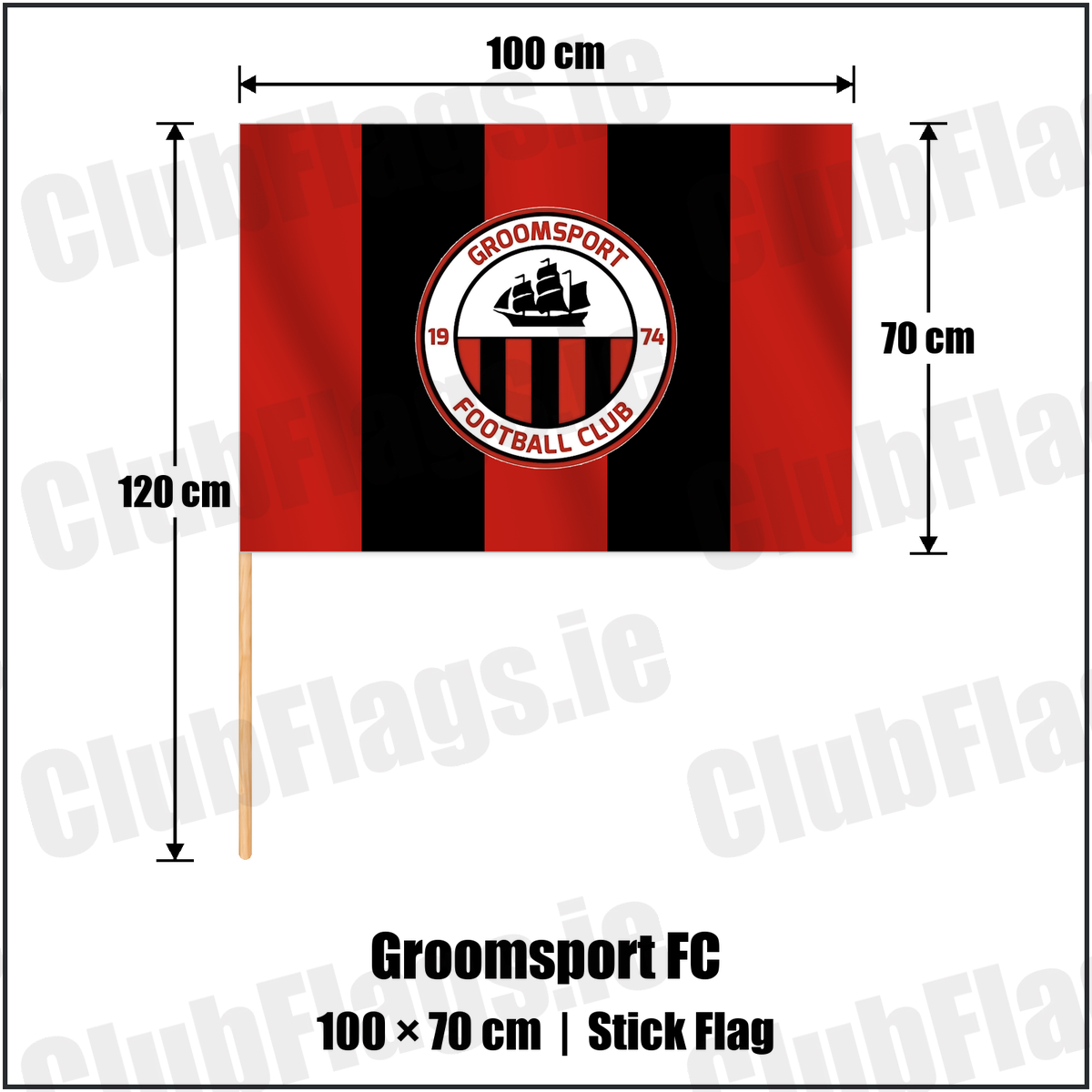 Groomsport FC 70cm x 100cm Stick Flag with the club crest and colours, Down Football - ClubFlags.ie