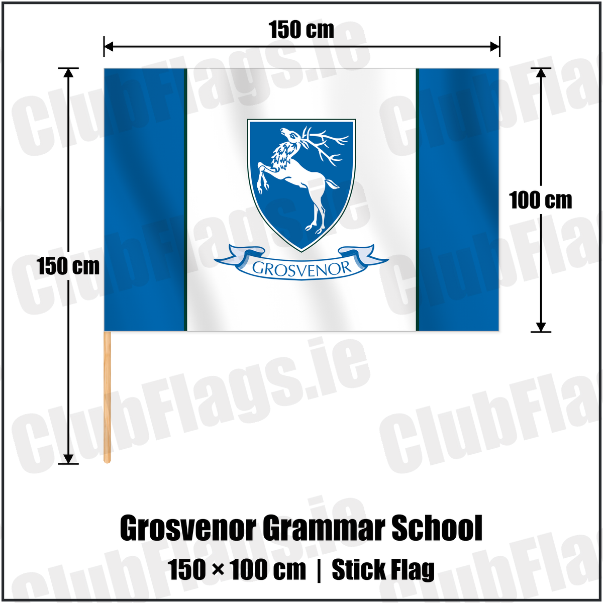 Grosvenor Grammar School 100cm x 150cm Stick Flag with the club crest and colours, Down Rugby - ClubFlags.ie