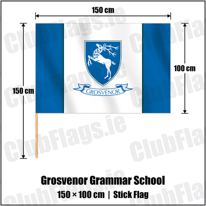 Grosvenor Grammar School 100cm x 150cm Stick Flag with the club crest and colours, Down Rugby - ClubFlags.ie