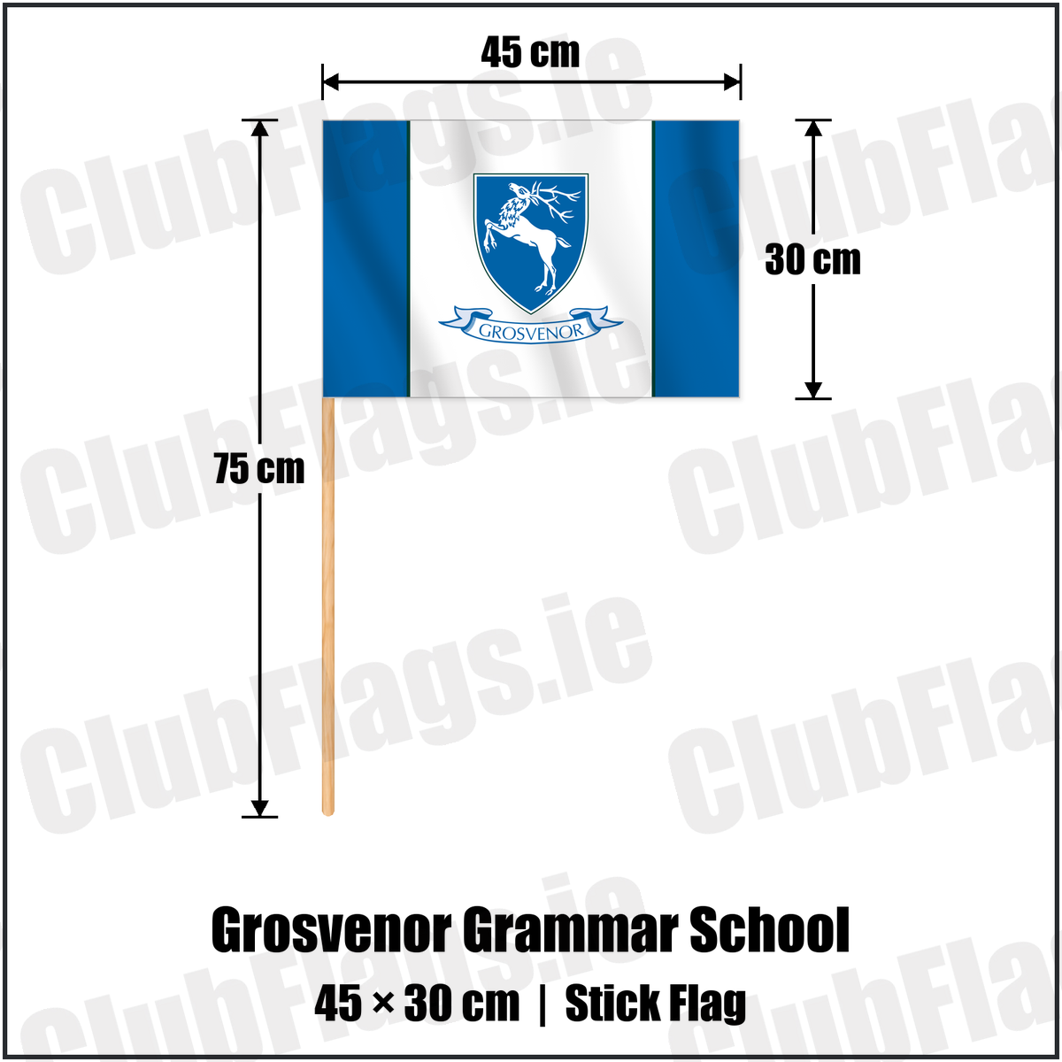 Grosvenor Grammar School 30cm x 45cm Stick Flag with the club crest and colours, Down Rugby - ClubFlags.ie