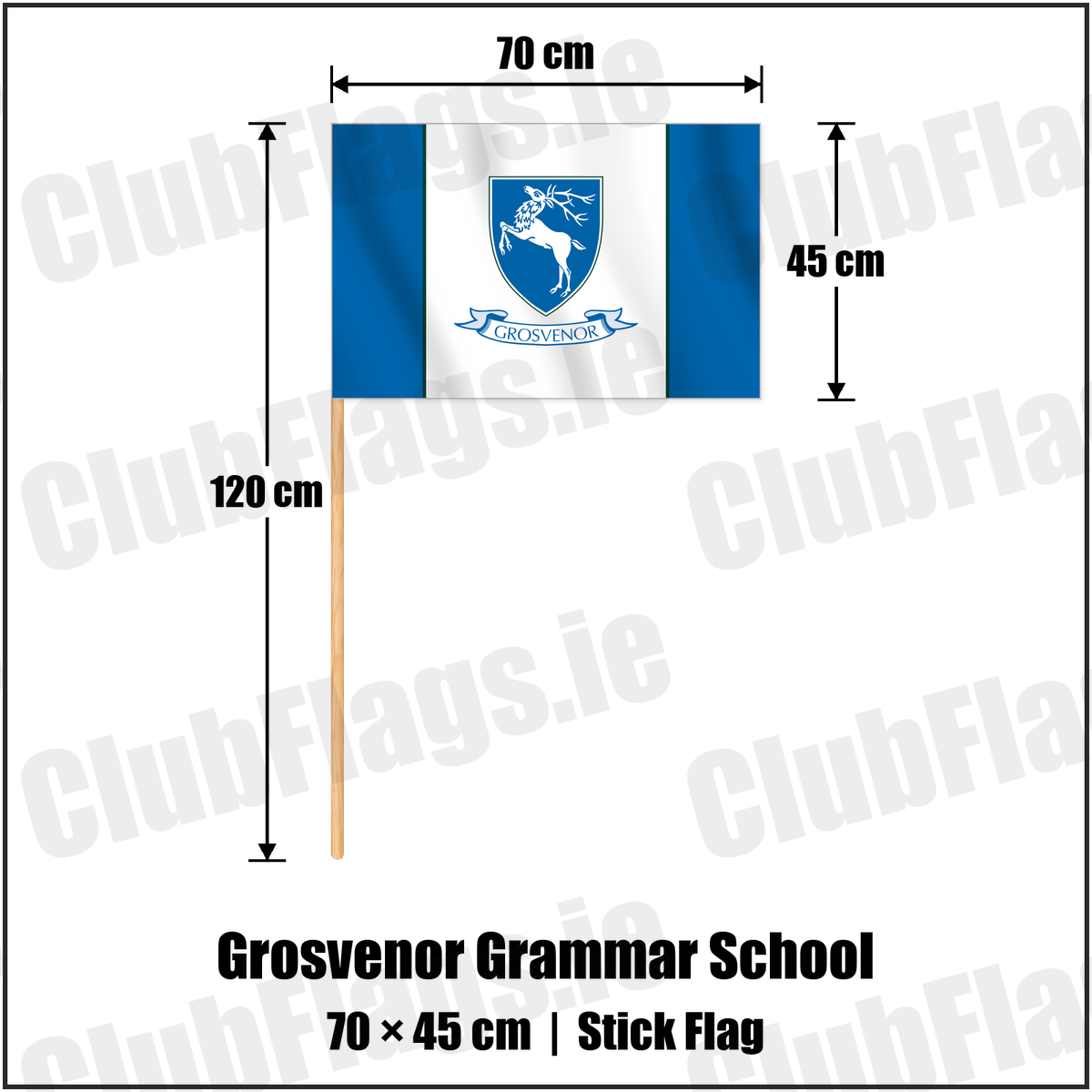 Grosvenor Grammar School 45cm x 70cm Stick Flag with the club crest and colours, Down Rugby - ClubFlags.ie