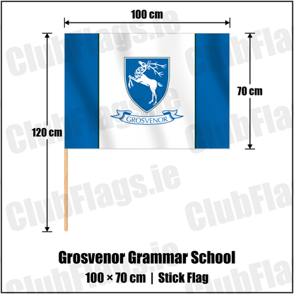 Grosvenor Grammar School 70cm x 100cm Stick Flag with the club crest and colours, Down Rugby - ClubFlags.ie