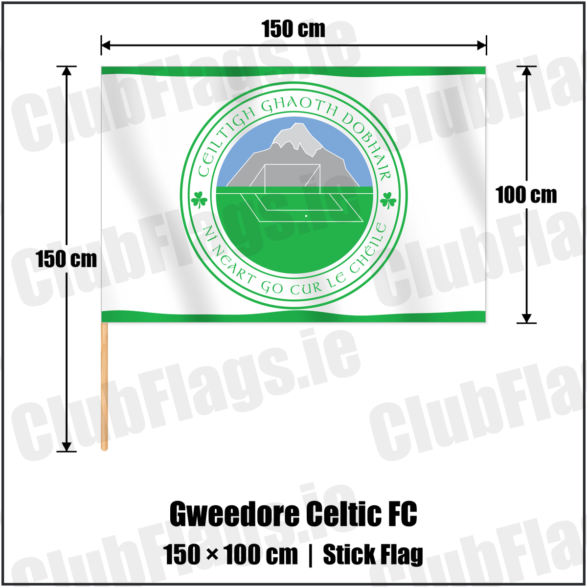Gweedore Celtic FC 100cm x 150cm Stick Flag with the club crest and colours, Donegal Football - ClubFlags.ie