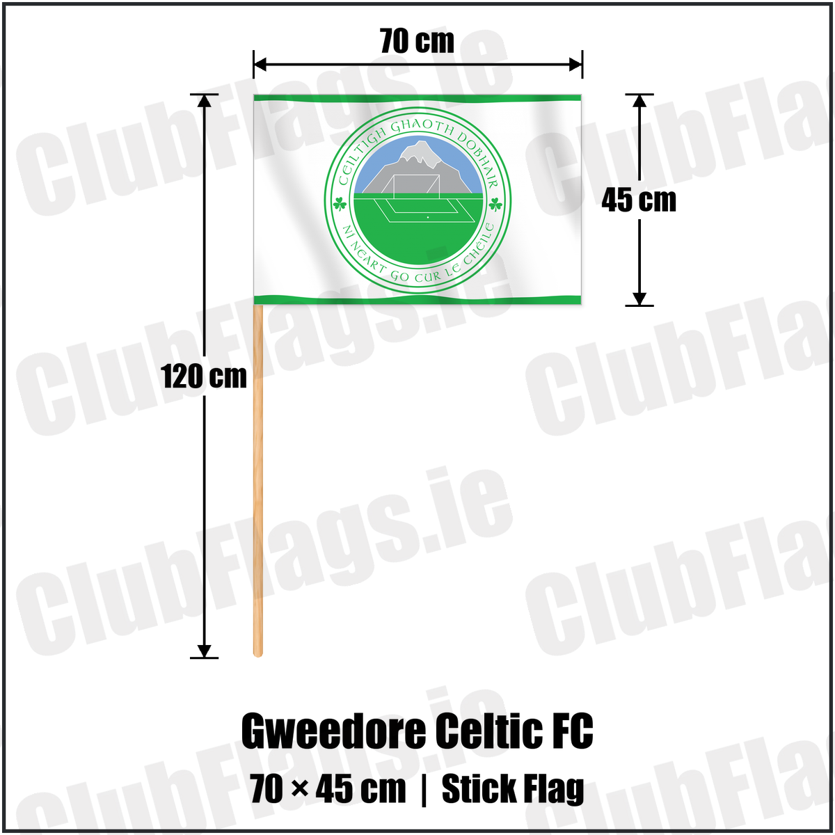 Gweedore Celtic FC 45cm x 70cm Stick Flag with the club crest and colours, Donegal Football - ClubFlags.ie
