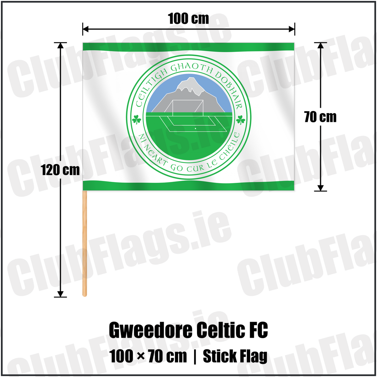 Gweedore Celtic FC 70cm x 100cm Stick Flag with the club crest and colours, Donegal Football - ClubFlags.ie