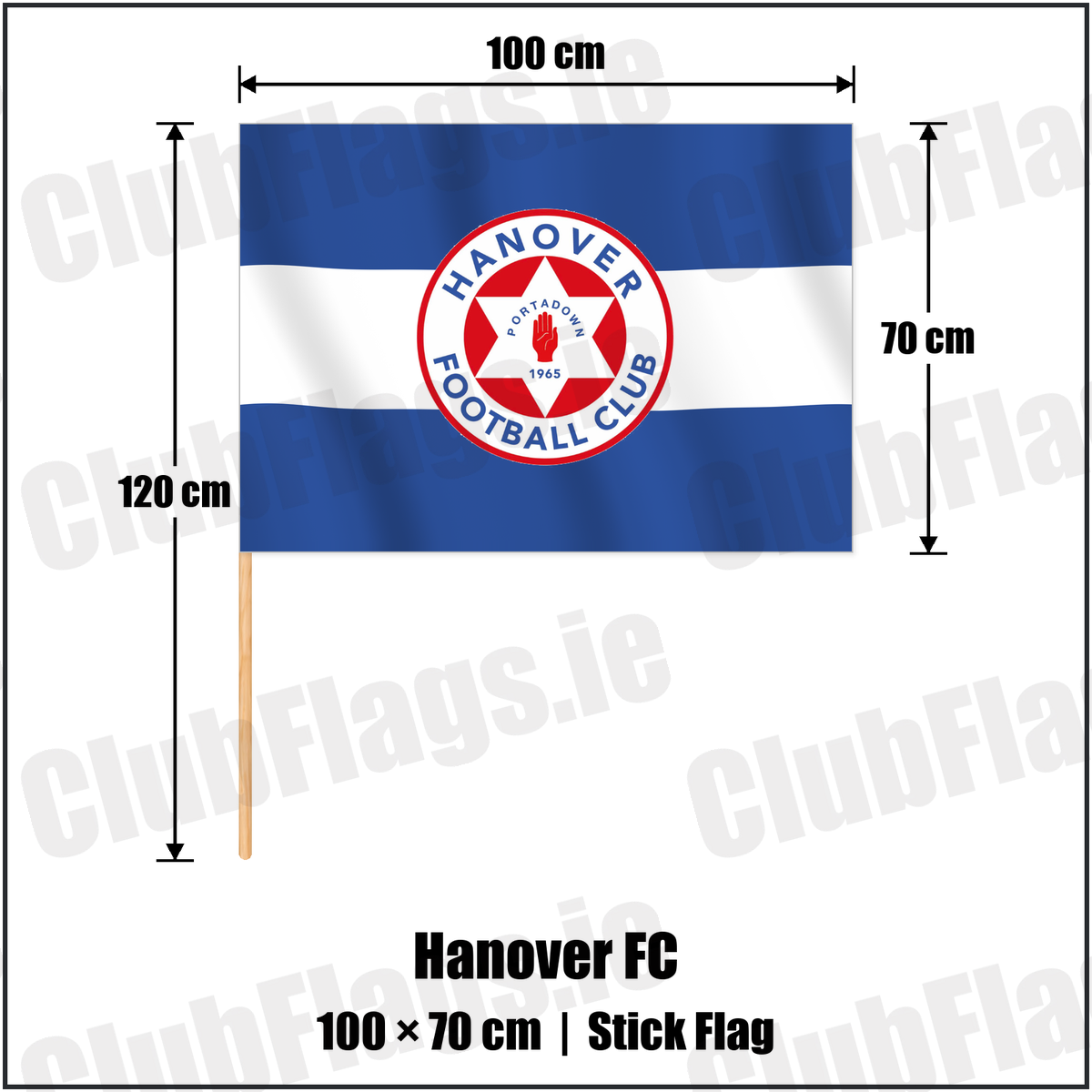 Hanover FC 70cm x 100cm Stick Flag with the club crest and colours, Armagh Football - ClubFlags.ie