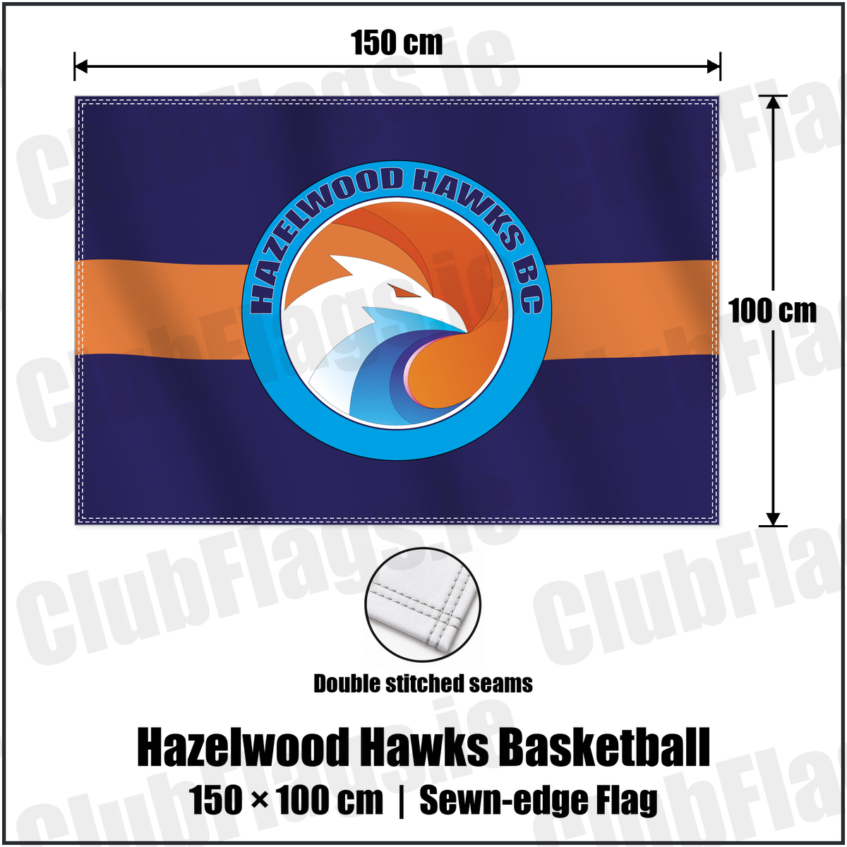 Hazelwood Hawks Basketball 100cm x 150cm Flag (sewn on the edges) with the verified club crest and colours, Antrim Basketball - ClubFlags.ie