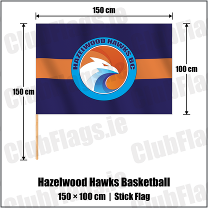 Hazelwood Hawks Basketball 100cm x 150cm Stick Flag with the verified club crest and colours, Antrim Basketball - ClubFlags.ie