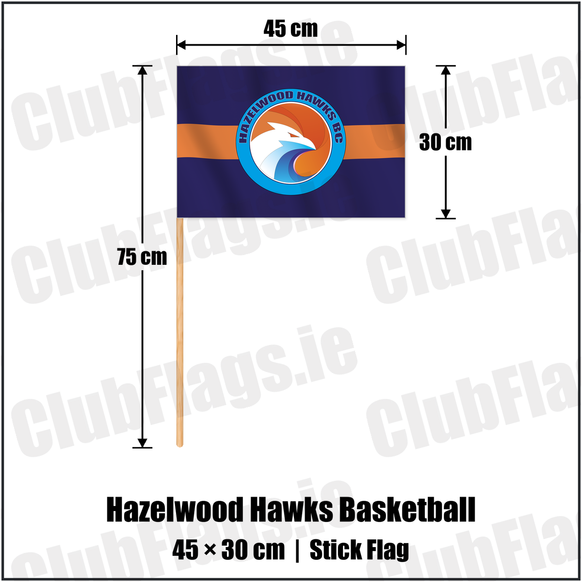 Hazelwood Hawks Basketball 30cm x 45cm Stick Flag with the verified club crest and colours, Antrim Basketball - ClubFlags.ie