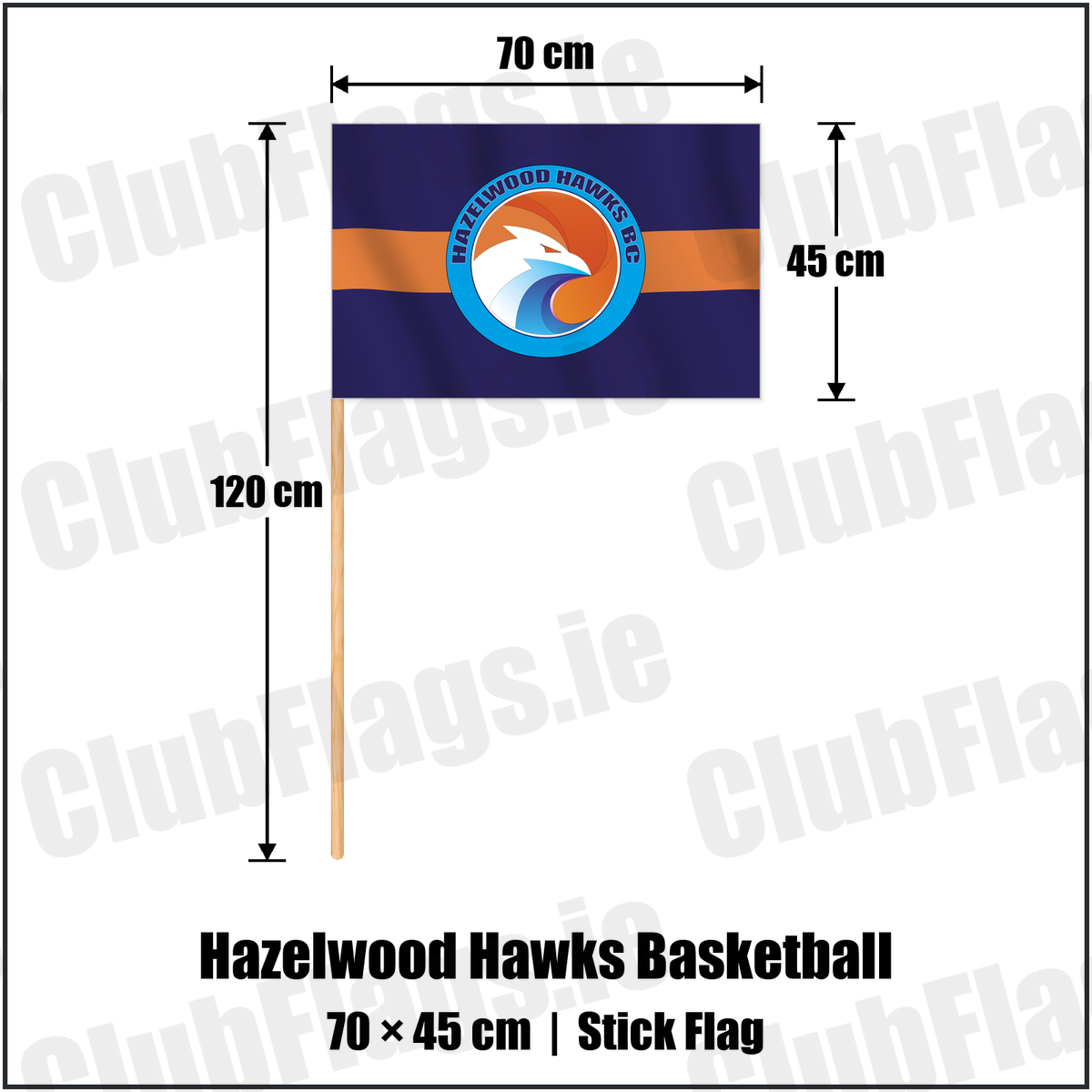 Hazelwood Hawks Basketball 45cm x 70cm Stick Flag with the verified club crest and colours, Antrim Basketball - ClubFlags.ie