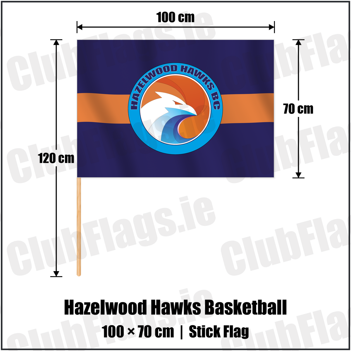 Hazelwood Hawks Basketball 70cm x 100cm Stick Flag with the verified club crest and colours, Antrim Basketball - ClubFlags.ie
